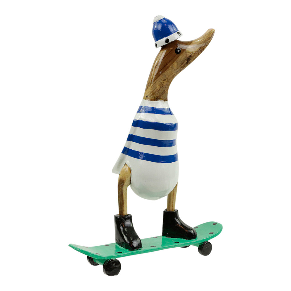 Image of Houten Beeld Eend op Skateboard Blauw (28 x 20 cm)