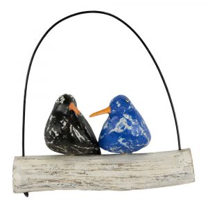 Hangende Houten Decoratie Koppel Vogels Zwart Blauw