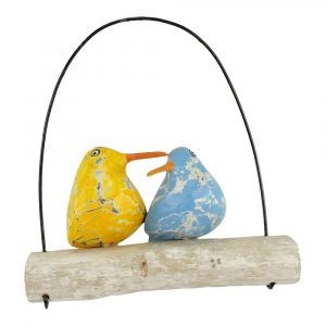Hangende Houten Decoratie Koppel Vogels Blauw Geel