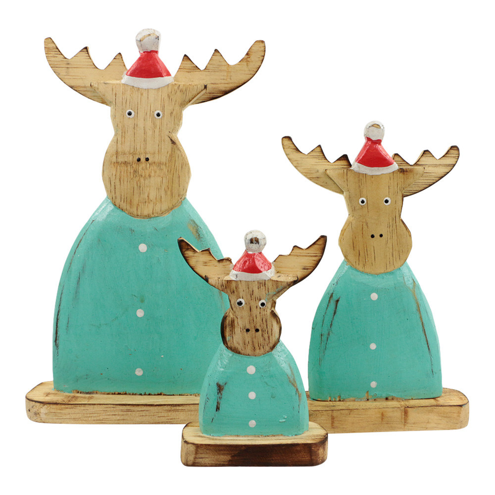 Houten Beelden Rendier Turquoise met Kerstmuts (Set van 3)