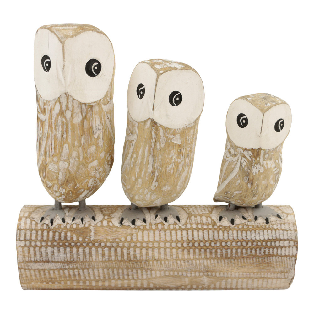 Houten Beeld 3 Uilen op Tak - Whitewash (ca. 25 x 25 x 7 cm)