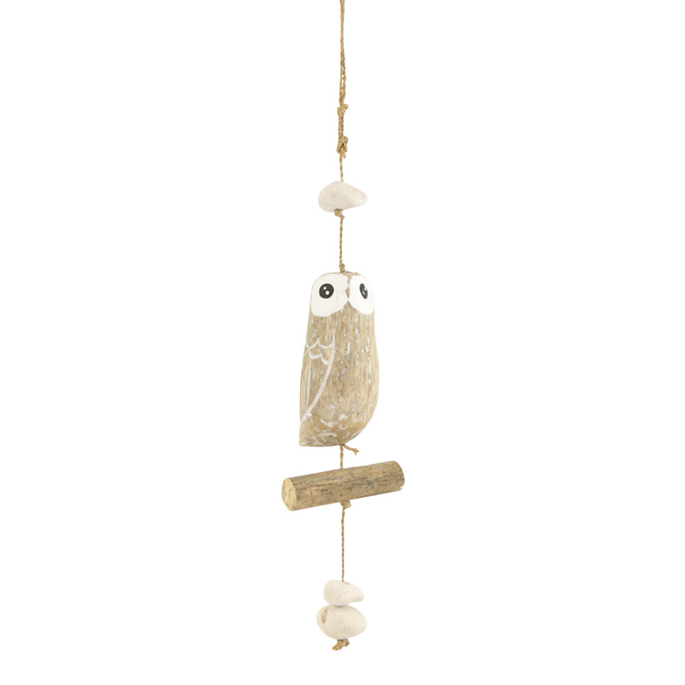 Houten Decoratiehanger Uil op Stok - Whitewash (ca. 40 x 5 cm)