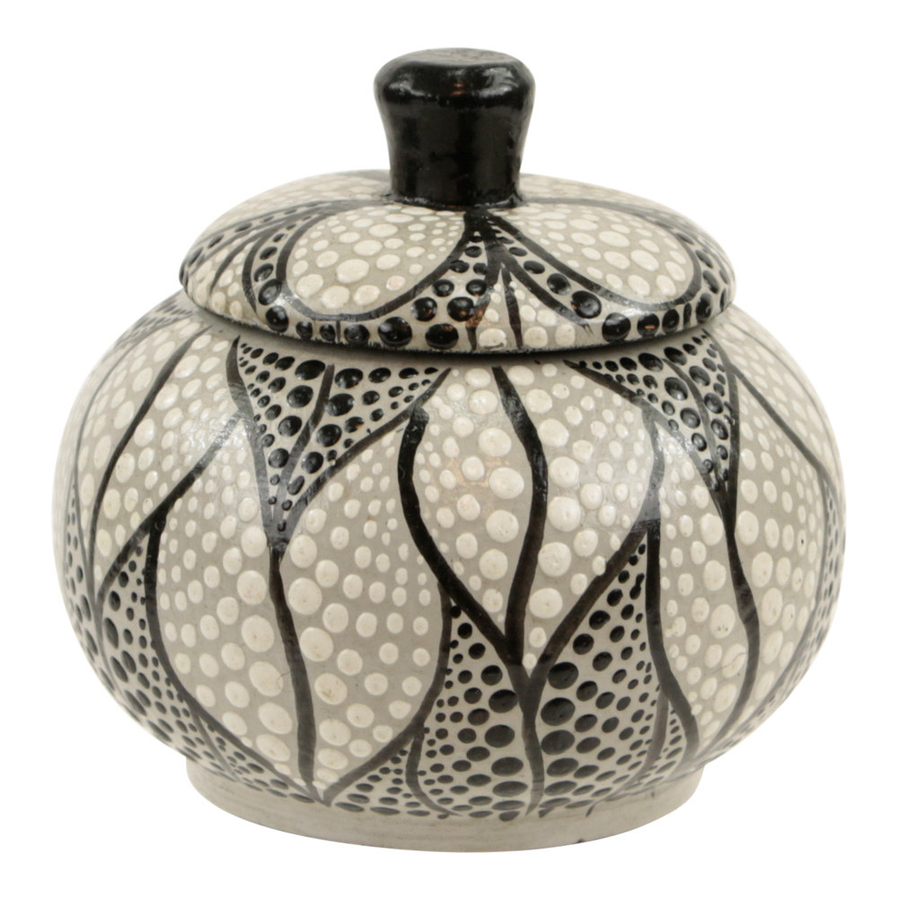 Houten Potje met Deksel - Stippen Floral Print - Zwart & Wit (ca. 9 x 9 cm)