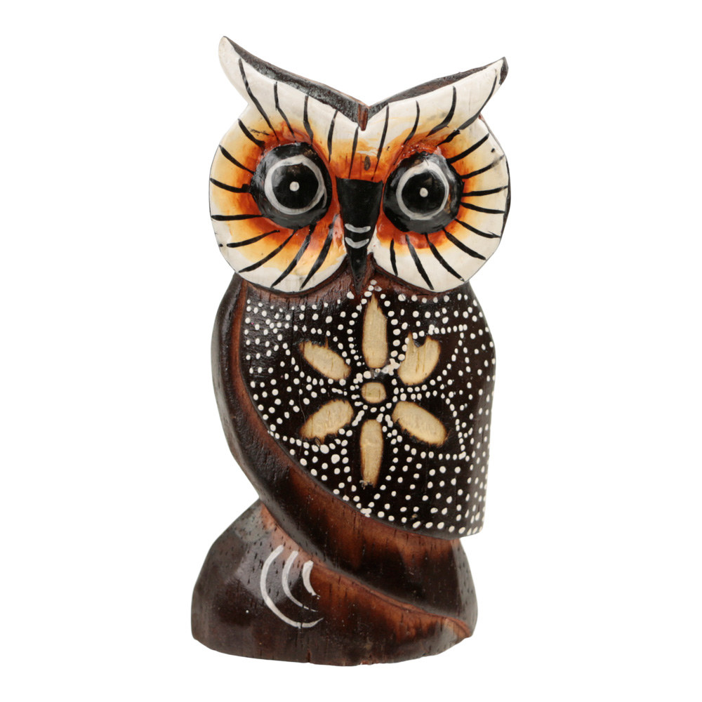 Houten Uil - Bloem & Stippen - Naturel (ca. 10 x 5 cm)