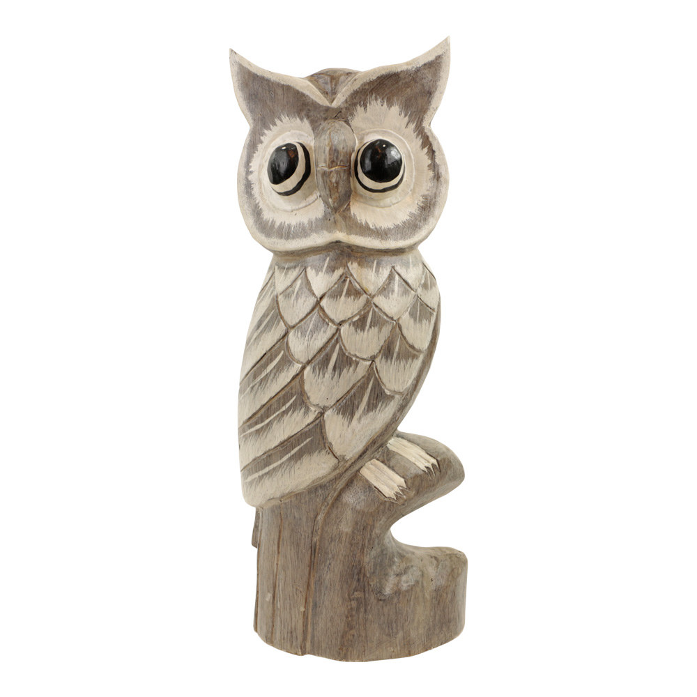 Houten Beeld Uil op Steen White Wash (50 cm)