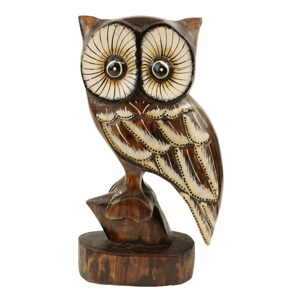 Houten Beeld Uil Kijkt Opzij op Tak (32 cm)