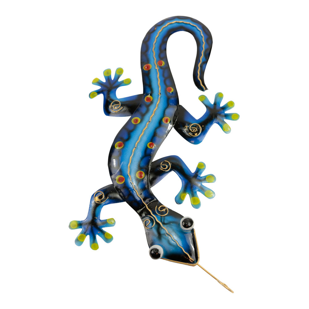 Wanddecoratie Metalen Gekko Blauw met Stippen (27 cm)
