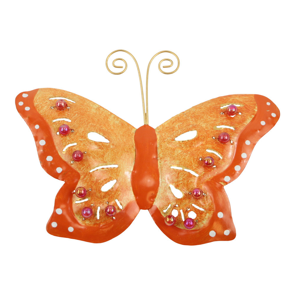 Metalen Wanddecoratie Vlinder - Oranje met Stippen (ca. 20 x 15 cm)
