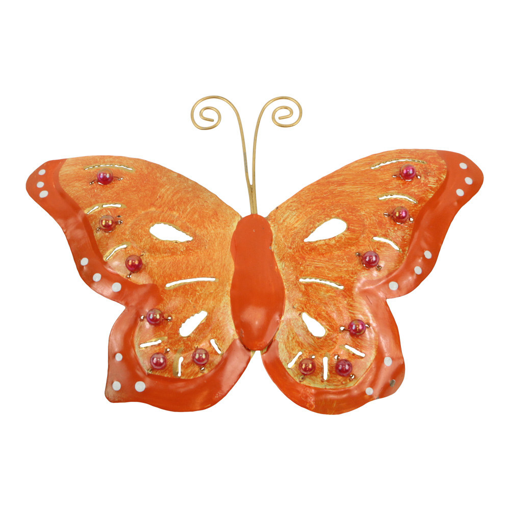 Metalen Wanddecoratie Vlinder - Oranje met Stippen (ca. 23 x 17 cm)