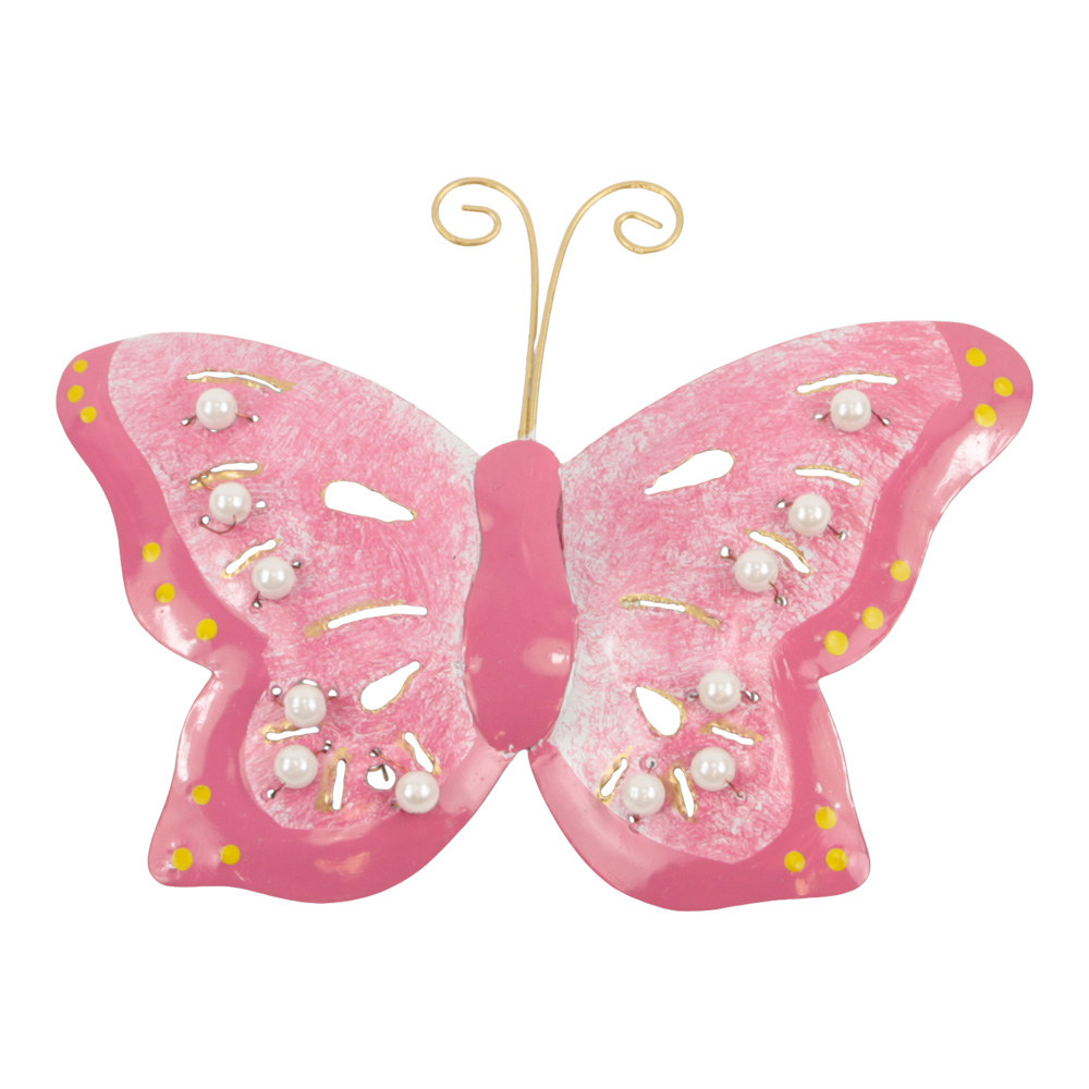 Metalen Wanddecoratie Vlinder - Roze met Stippen (ca. 20 x 15 cm)