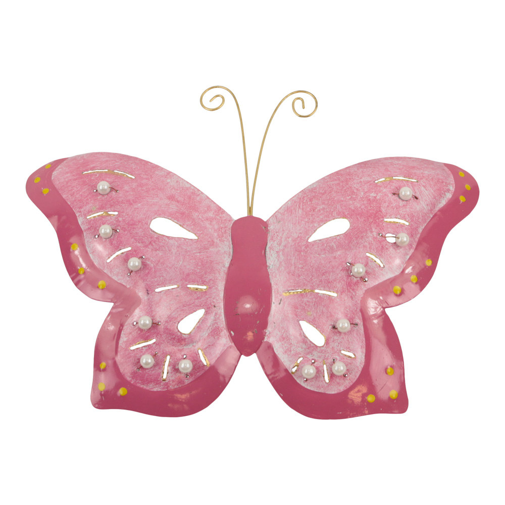 Metalen Wanddecoratie Vlinder - Roze met Stippen (ca. 30 x 22 cm)