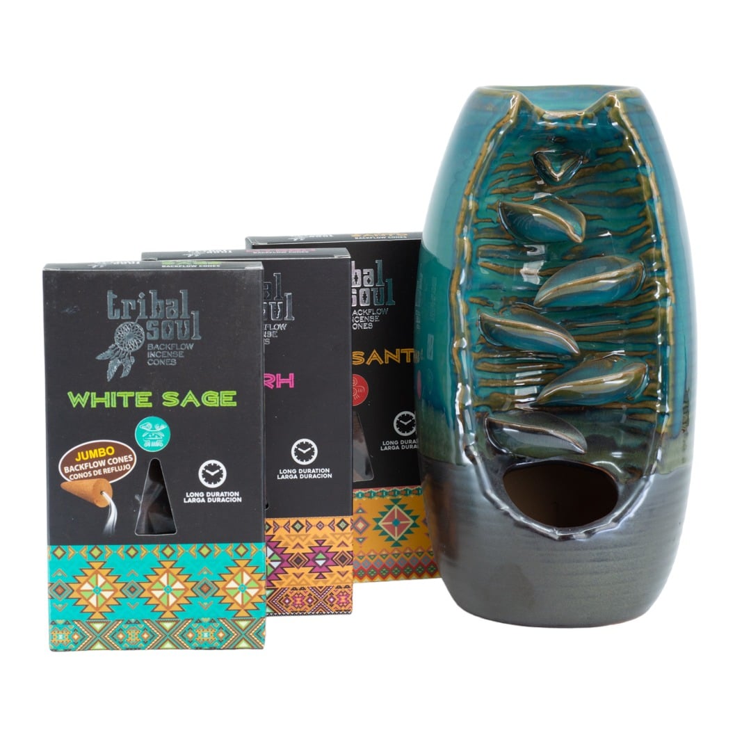 Backflow Wierook Houder Waterval Blauw Keramiek (20 cm) met Tribal Soul Kegels