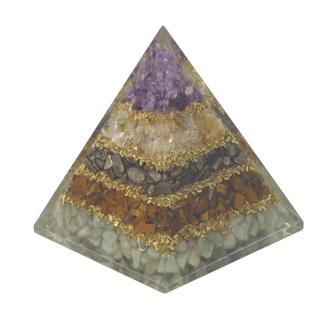 Orgonite Piramide - Amethist / Citrien / Pyriet / Tijgeroog / Groene Aventurijn (95 mm)