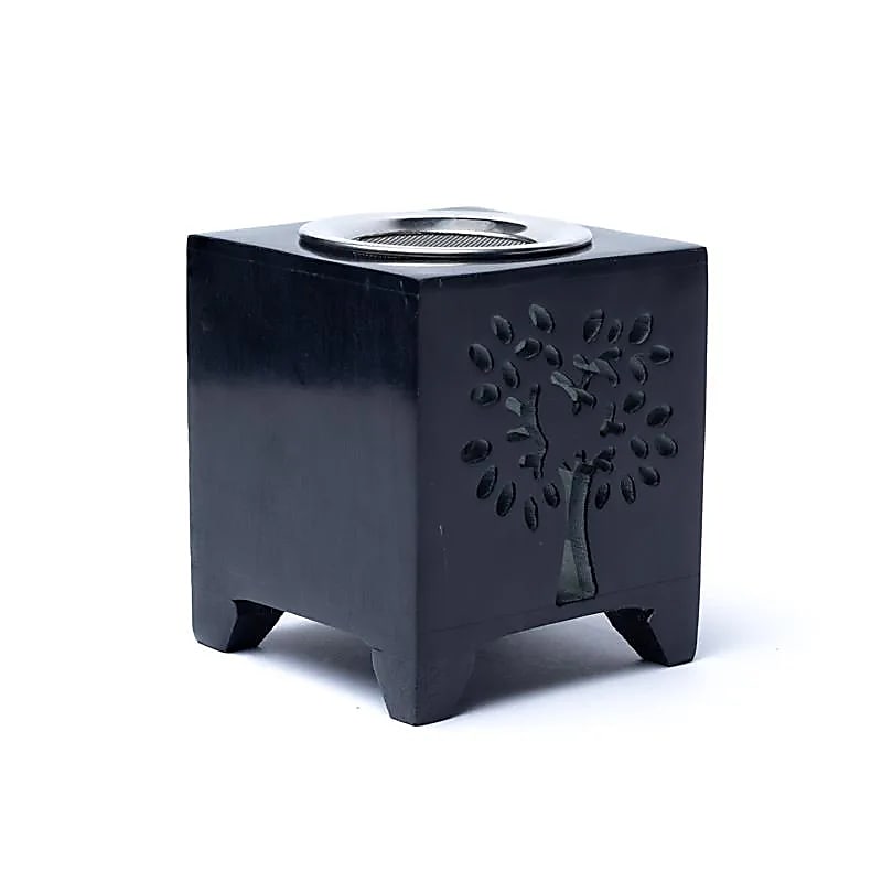 Wierookbrander levensboom zwart zeepsteen -- 7.6x7.6x8.8cm