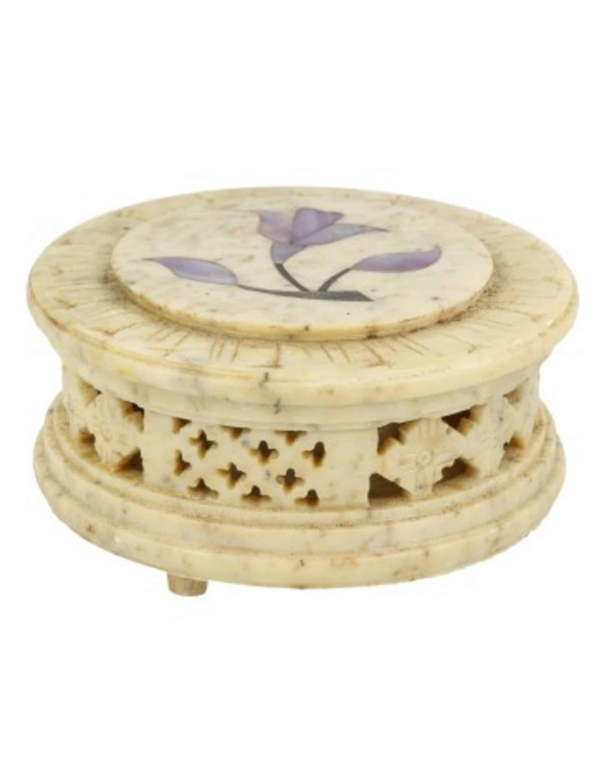 Rond speksteen doosje bloem design pootjes India